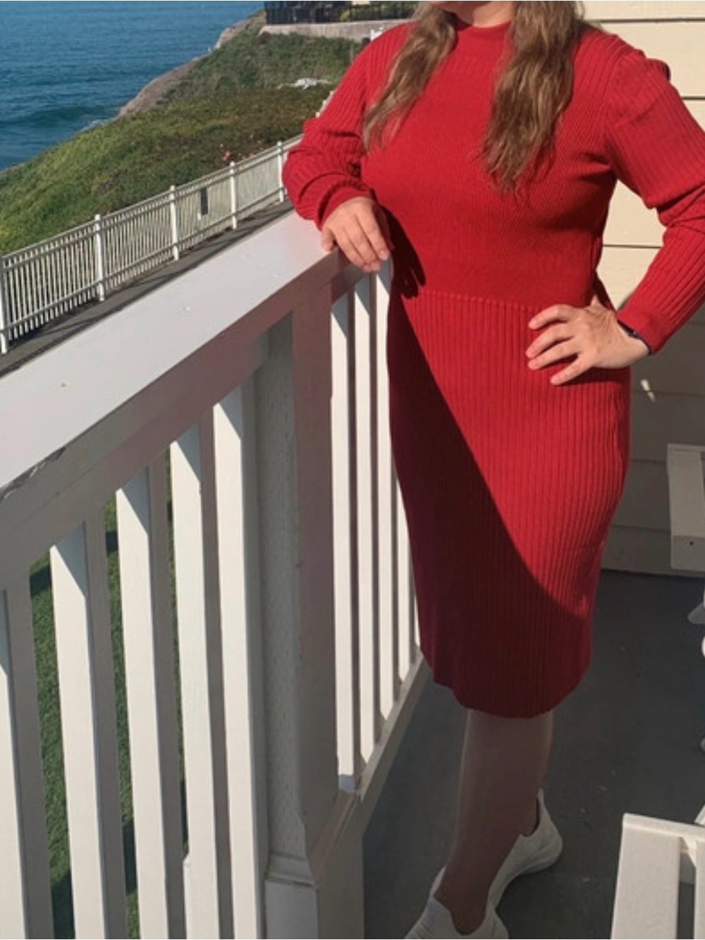 Calvin Klein Women's Red Ribbed Long-Sleeve Midi Dress
